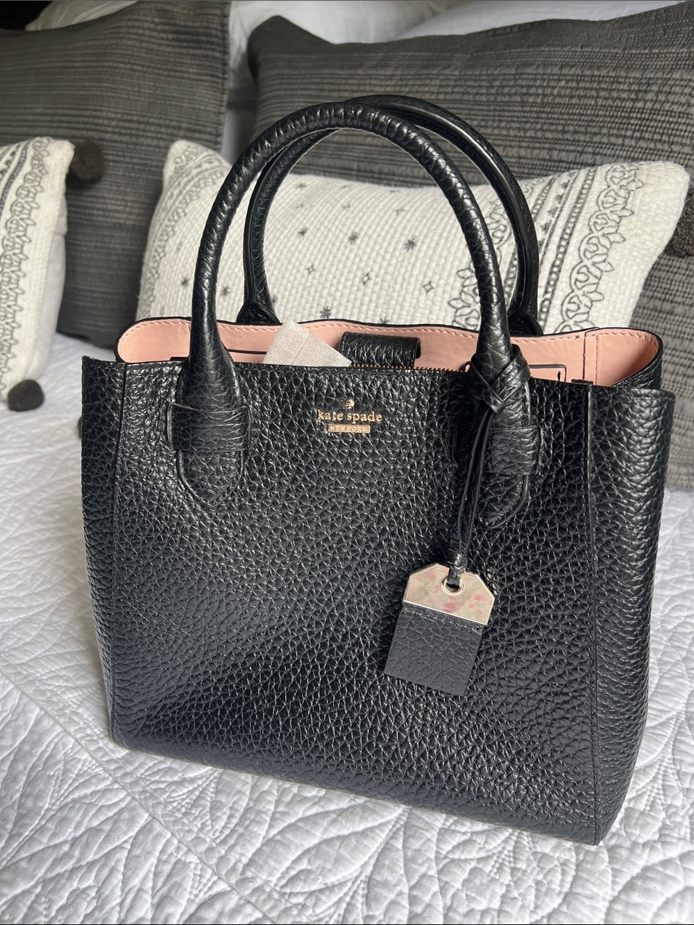 kate spade Black Pebbled Leather Satchel with Pink Interior
